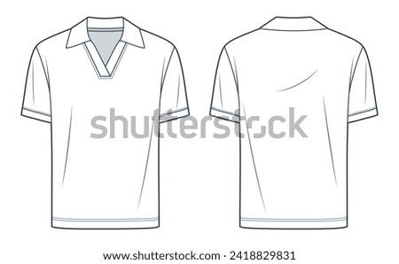 Polo Shirt technical fashion illustration. Short Sleeve Polo Shirt fashion flat technical drawing template, v neck, polo collar, regular fit, front, back view, white, women, men, unisex CAD mockup. Royalty-Free Stock Photo #2418829831