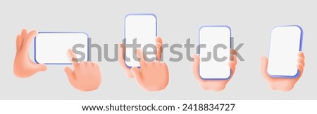 Set of hand holding mobile phone isolated, 3d Hand using smartphone with empty screen for mockup mobile concept. showcase. display minimal scene with device phone in hand. 3d vector illustration