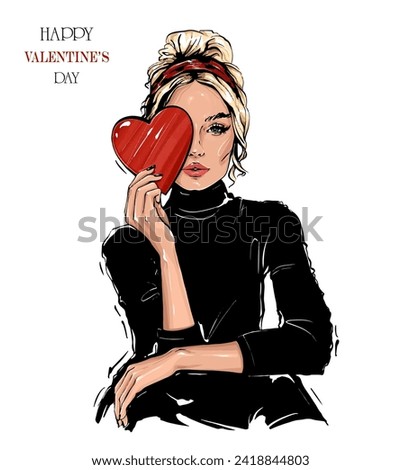 Beautiful fashion woman holding red heart. Valentines day concept. Vector illustration Royalty-Free Stock Photo #2418844803