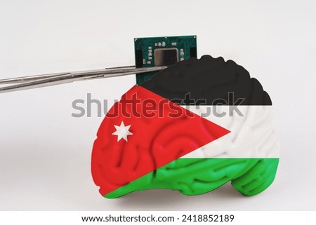 On a white background, a model of the brain with a picture of a flag - Jordan, a microcircuit, a processor, is implanted into it. Close-up