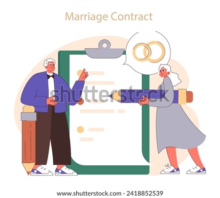 Marriage contract. Senior couple with oversized pen and clipboard, symbolic of life's agreements. Committed partnership signing. Flat vector illustration Royalty-Free Stock Photo #2418852539