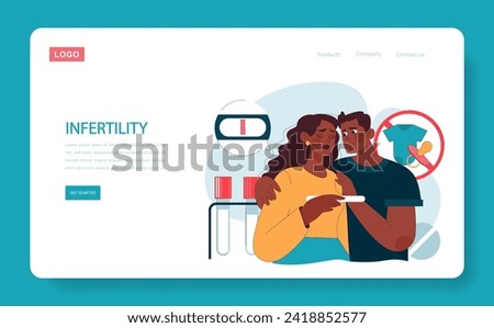 Infertility web or landing. Distraught couple facing infertility challenges, negative pregnancy test result, dream of baby fading. Overcoming reproductive obstacles. Flat vector illustration Royalty-Free Stock Photo #2418852577
