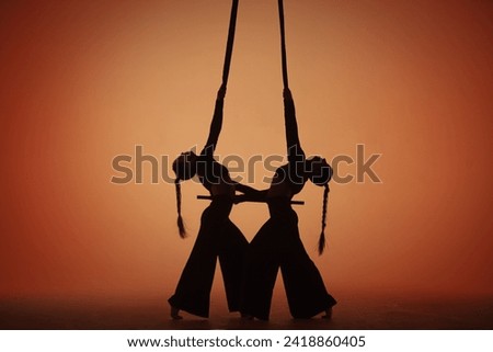 Dark silhouettes of two acrobats on orange background of studio pose standing next to aerial trapeze. The aerial gymnasts look like a mirror image. Circus show. Royalty-Free Stock Photo #2418860405