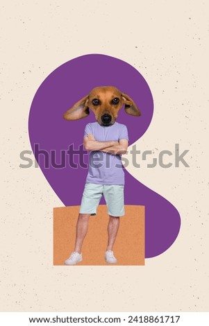 Vertical collage creative poster caricature headless serious dog man funny stand mask cross hands abstract template white background