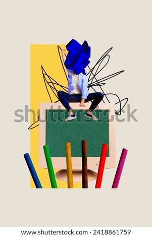 Vertical collage creative illustration poster headless crumpled paper human sit colorful stick large monitor white yellow background