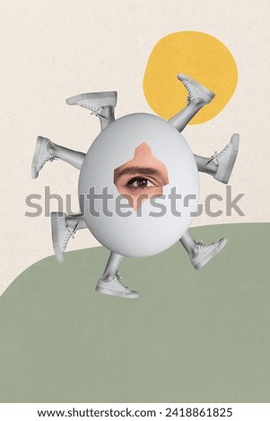 Vertical collage picture of girl eye watch through hole eggshell walking black white colors many legs painted sun isolated on paper background