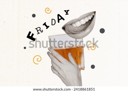 Creative picture collage banner caricature arm holding glass beer whiskey vermouth liquid surreal unusual white background