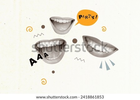 Creative collage picture illustration monochrome effect excited happy smile mouth element caricature party communication three human