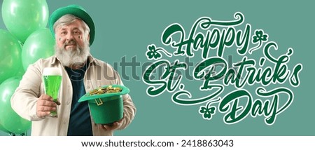 Funny bearded man with beer, balloons and leprechaun's hat on green background. Banner for St. Patrick's Day