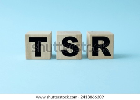 TSR Total Shareholder Return. blue background with cubes. text on wooden blocks