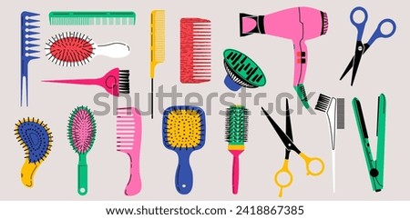Set of equipment for a hairdresser. Collection of tools for hair cutting and styling. Hairdryer, hairbrush,  scissors and professional tools for barbershop. Hand drawn vector illustration on light bac Royalty-Free Stock Photo #2418867385