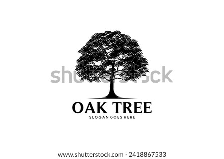 Real wild oak tree logo design with dense leaves isolated white background