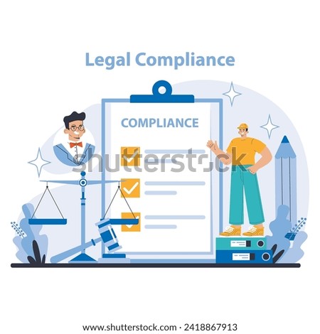 Legal Compliance concept. Corporate governance and regulatory adherence visualized. Ethical standards in business operations. Flat vector illustration. Royalty-Free Stock Photo #2418867913