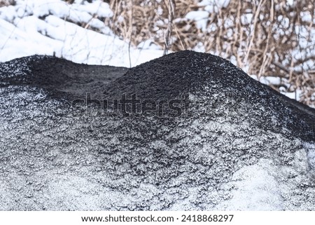 a snowdrift of white snow with black ash on a winter street