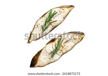 Baked halibut fish steak. Isolated on white background. Top view