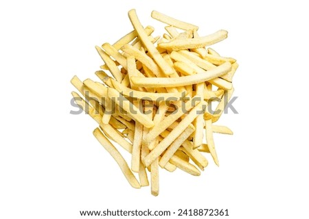 Frozen potatoes, French fries, canned food. Isolated on white background. Top view
