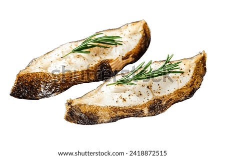 Baked halibut fish steak. Isolated on white background. Top view