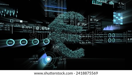 Image of financial data processing over euro currency sign. Global business, finances, computing and data processing concept digitally generated image.