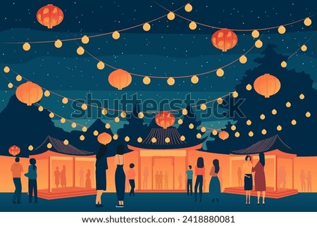 illustration for lantern festival, people having fun and celebrating, lots of lanterns and bright bulbs around, festival, celebration Royalty-Free Stock Photo #2418880081