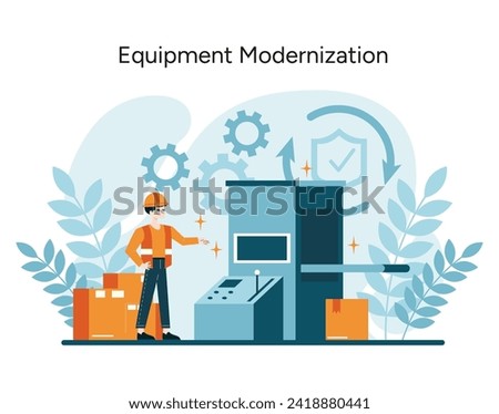 Equipment Modernization vector. A worker oversees the upgrade of industrial machinery, incorporating advanced safety features in line with OSHA regulations. Flat vector illustration Royalty-Free Stock Photo #2418880441
