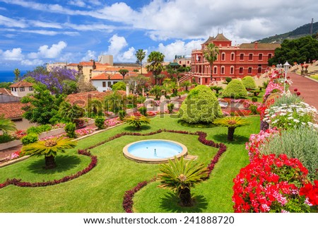 Beautiful tropical botanical gardens in La Orotava town, Tenerife, Canary Islands Royalty-Free Stock Photo #241888720