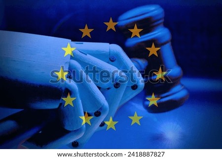 AI act regulation symbol in Europe. Concept words AI artificial intelligence act regulation on wooden block. Beautiful blue background. Business AI act regulation concept Copy space Royalty-Free Stock Photo #2418887827