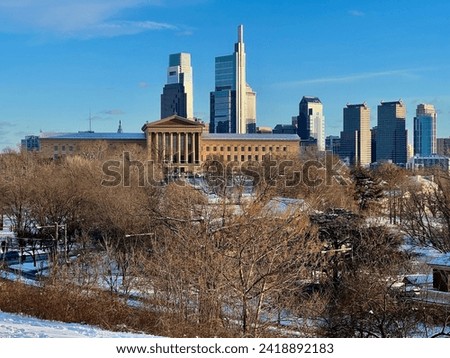 Philadelphia, PA - January 20, 2024: Snow coats the Philadelphia Museum of Art and Center City, as seen from Lemon Hill.