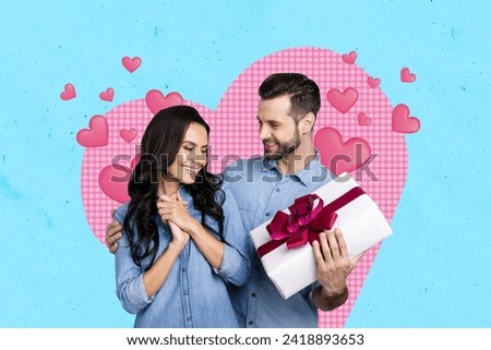 Collage picture of two idyllic soulmates cuddle hold giftbox drawing heart symbols isolated on blue background
