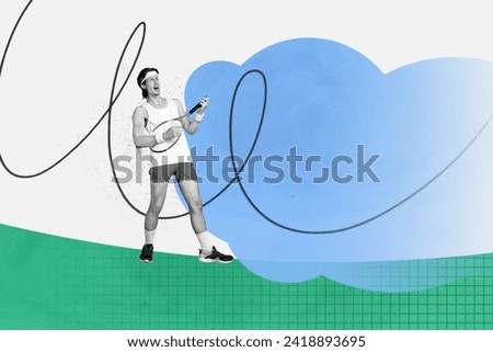 Horizontal creative image collage picture of funny dreamy guy sportsman play on tennis racket as guitar want to become rock star musician