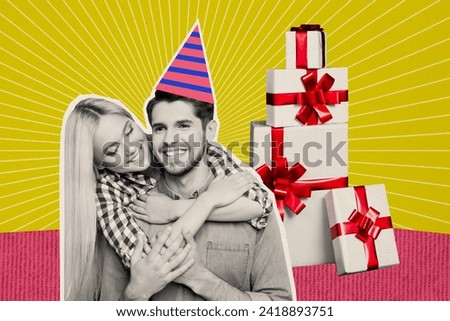 Creative collage image illustration black white effect embrace cute happy couple fan party celebration anniversary present surprise