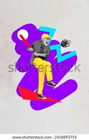 Photo artwork graphics collage painting of funky excited senior guy playing baseball isolated drawing background