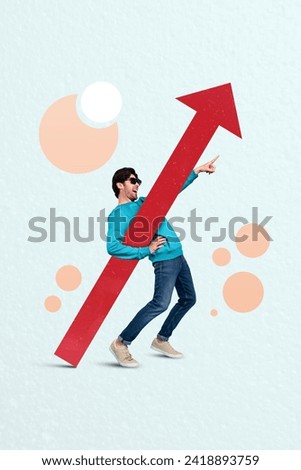 Collage artwork graphics picture of cool funky guy holding arrow showing growing success isolated painting background