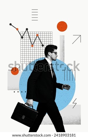 Collage artwork of young business man wearing formal suit steps with diplomat case after successful year isolated on white background