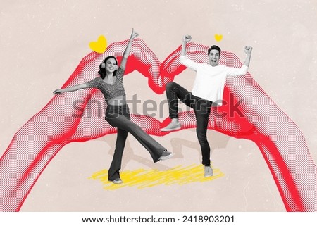 Horizontal pop photo collage of smiling funny guy girl dancing celebrating 14 february at party overjoyed big hands show heart gesture