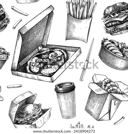Fast food seamless pattern. Hand-drawn vector illustration. Burger, pizza, poke, sushi, coffee sketches. Take away food design. Restaurant delivery background. 