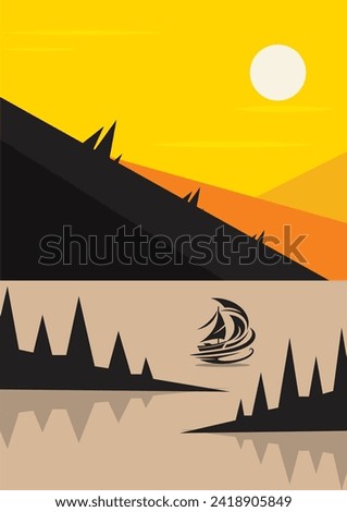 Old ship adventure with black ship at sunrise on the lake vector illustration design. 