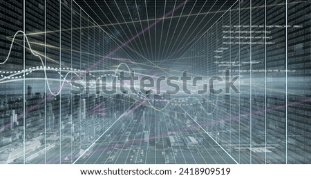 Image of financial data processing over cityscape. Global business, finances, computing and data processing concept digitally generated image.