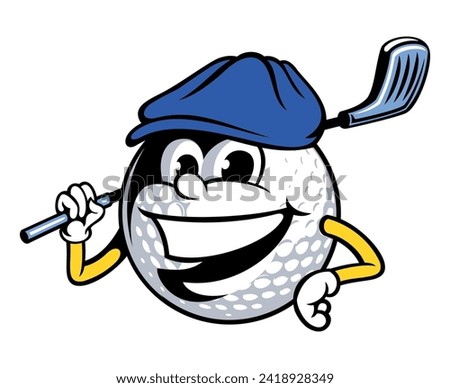 Cartoon style funny golf ball character, with the cap and golf stick. Isolated on white background.