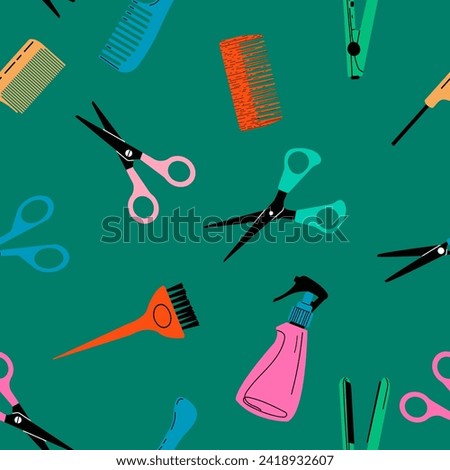 Seamless pattern with hand drawn hairdressing salon objects on a dark background. Vector illustration of hairbrush, scissors.Wallpaper, textile, wrapping paper design template. 