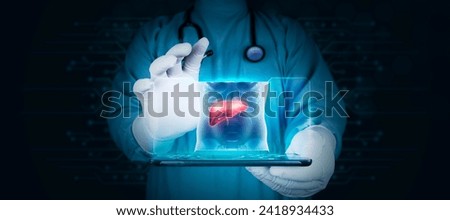 Doctor projects the human liver on his tablet, analyzes and studies the treatment of health problems. Hepatologist. Examination for the detection of gastroenterological abnormalities. digital backgrou Royalty-Free Stock Photo #2418934433