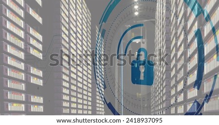 Image of padlock over data processing and server room. Social media and digital interface concept digitally generated image.