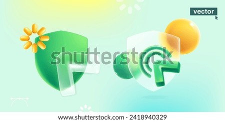 Shield symbol with realistic 3D triangle cursor, loading icon and spheres. Transparent plastic antivirus protection template. Arrow icon glass overlay effect. Vector cartoon style green illustration.