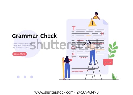 Editing document with text. Correcting grammar mistake with red marker. Teacher fix page text errors. Concept of proofread script, grammar edit, correcting mistake. Vector flat cartoon illustration Royalty-Free Stock Photo #2418943493