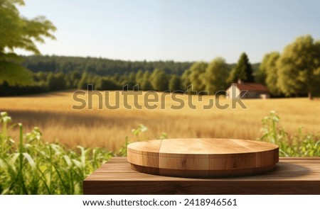 Table wood Podium in farm display for food, products on nature background with farm grass, trees, and Sunlight in the morning