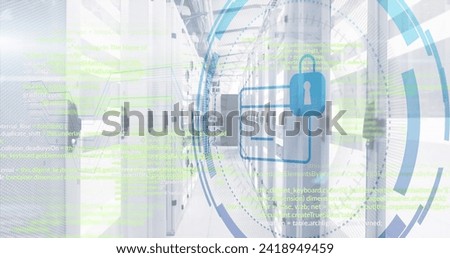 Image of credit card icon over data processing and server room. Social media and digital interface concept digitally generated image.