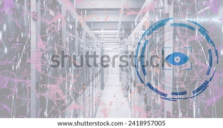 Image of eye icon over data processing and server room. Social media and digital interface concept digitally generated image.