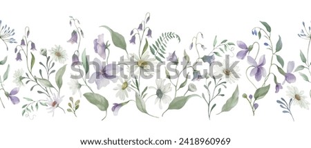 Seamless watercolor border. Hand drawn floral illustration isolated on white background.