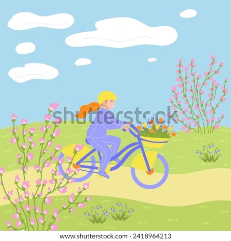 Happy little girl cycling at springtime in flat cartoon design. Child riding bike with spring basket of tulips bouquet in park or garden with bloom trees and first wildflowers. Vector illustration