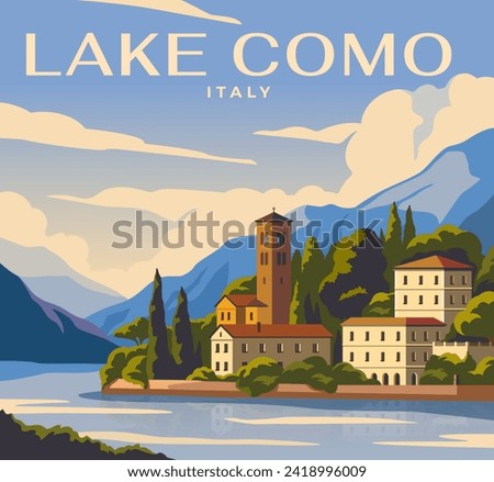 Travel destination background. Beautiful natural landscape of Italian Lake Como with traditional houses and mountains. Tourism and journey in Europe. Website design. Cartoon flat vector illustration Royalty-Free Stock Photo #2418996009