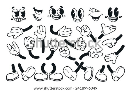 Set of vintage mascot elements. Line icons of arms, legs and facial expressions to create character in 30s style. Retro body parts. Cartoon outline vector collection isolated on white background Royalty-Free Stock Photo #2418996049
